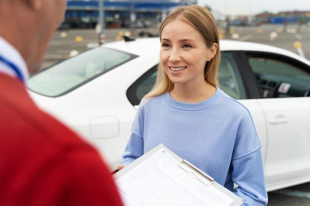 A person talking to someone holding a car registration form