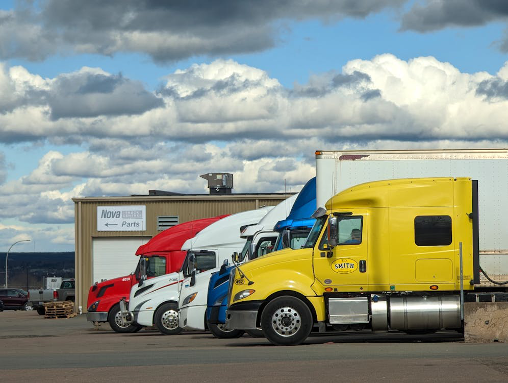 Trucks parked near a warehouse