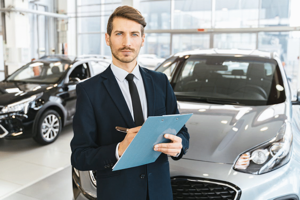 An auto tags and titles expert holding a clipboard