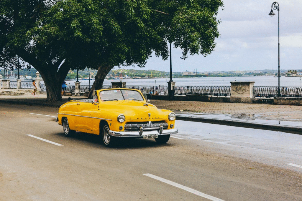 A yellow car on the street