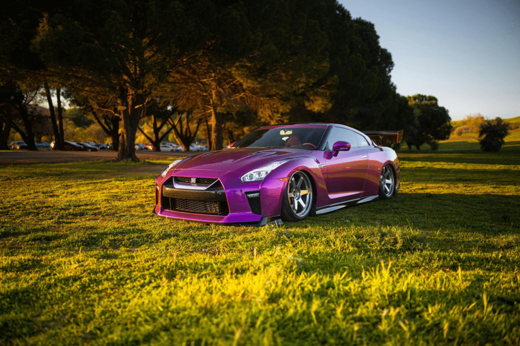 A purple car on grass