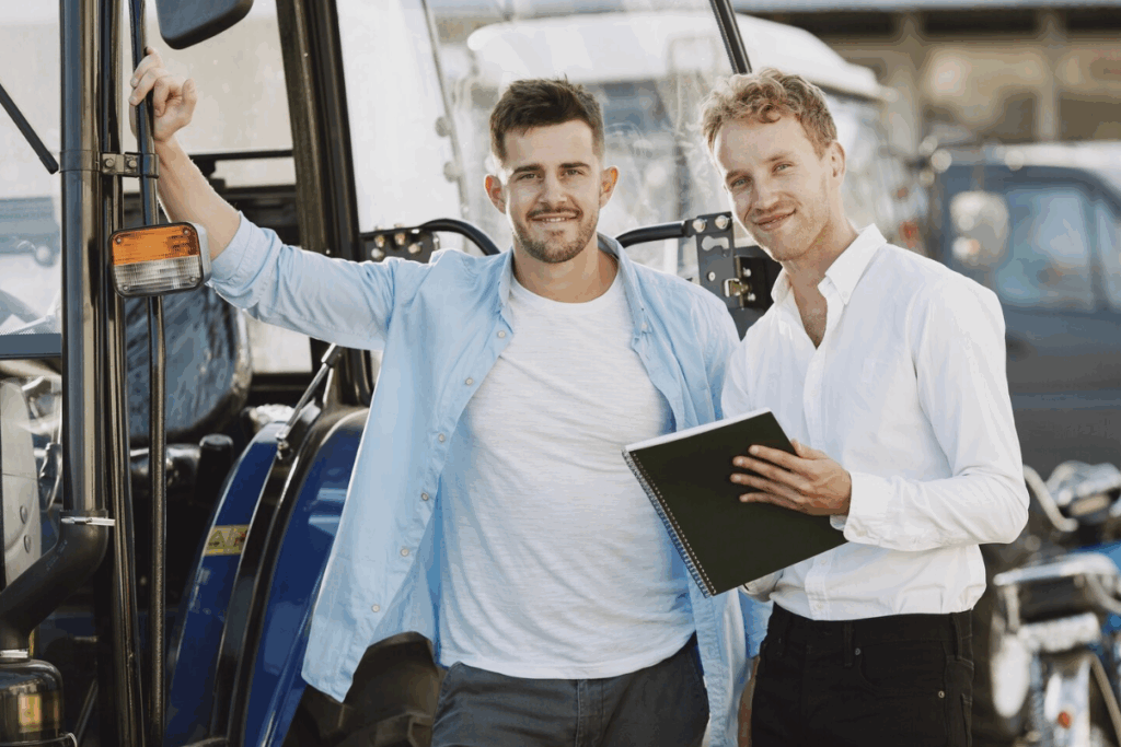 Men standing outside near heavy machinery, reviewing a document.