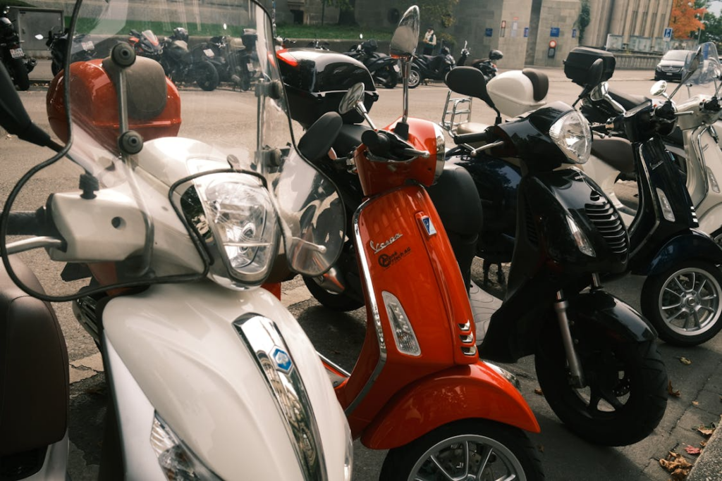 Colorful scooters parked together