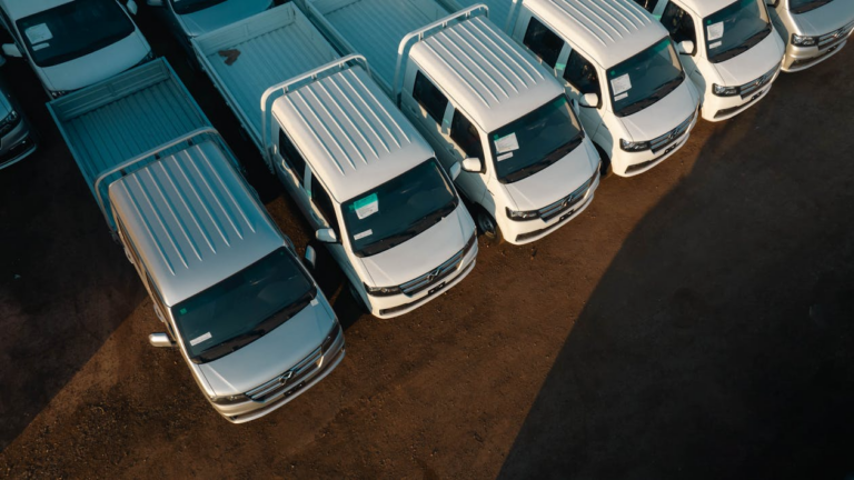 Aerial view of fleet of trucks