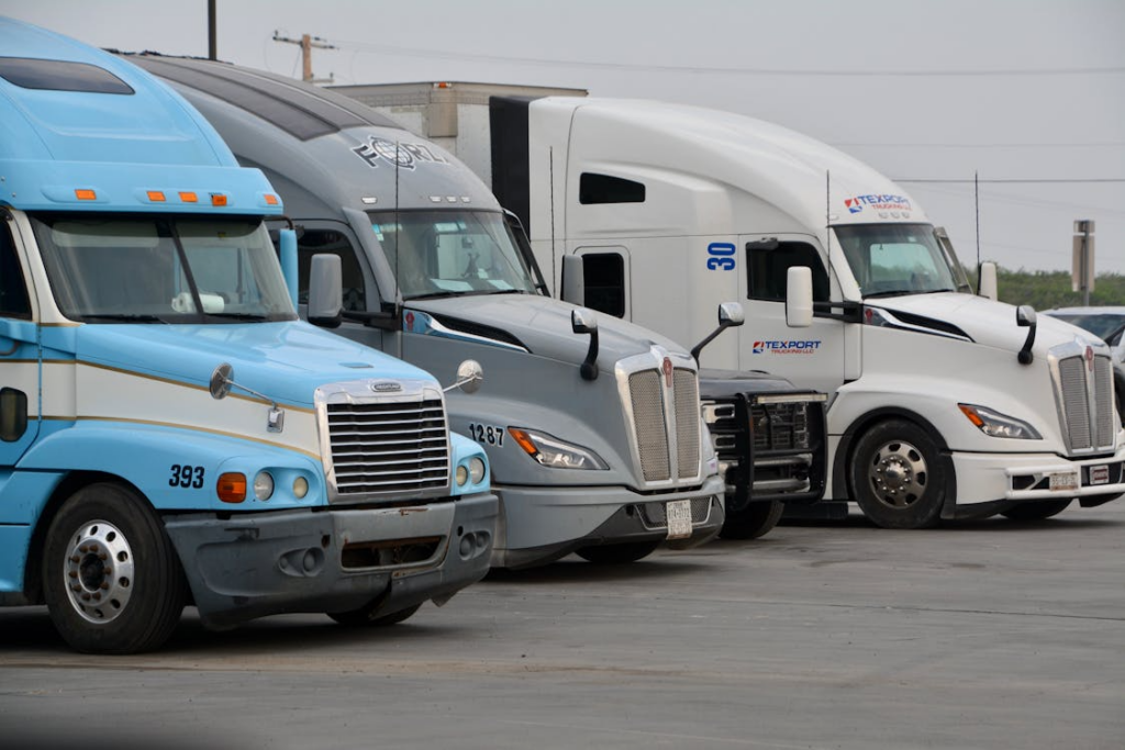 A row of semi-trucks