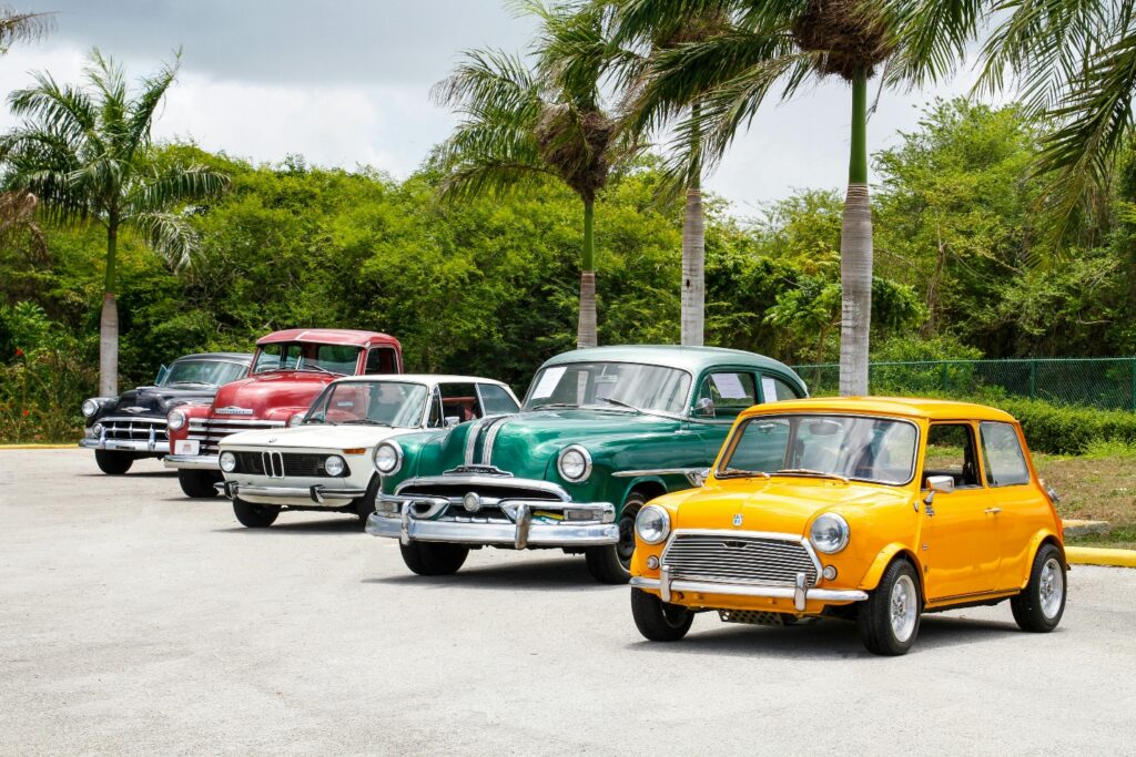 Classic vehicles parked in a row