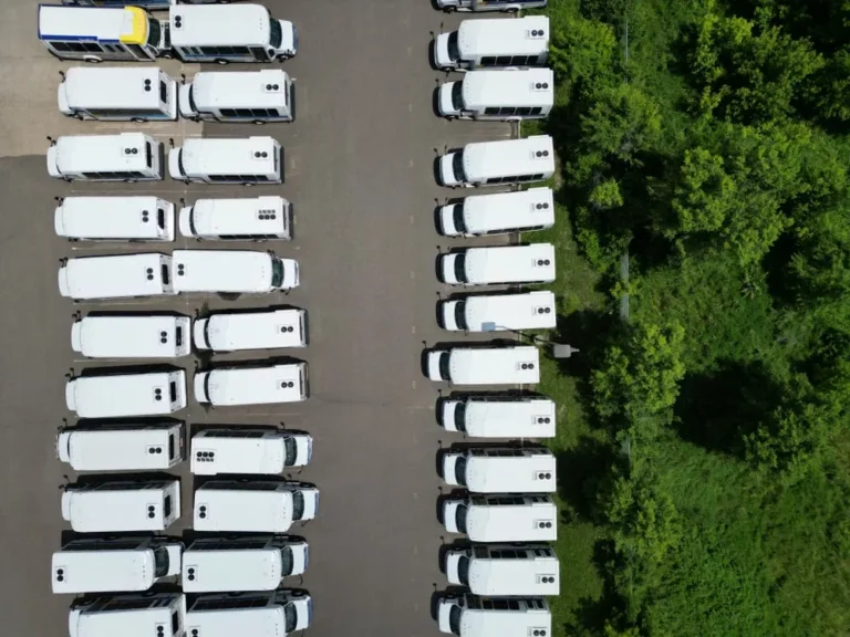 Top shot of vans in a parking lot next to trees